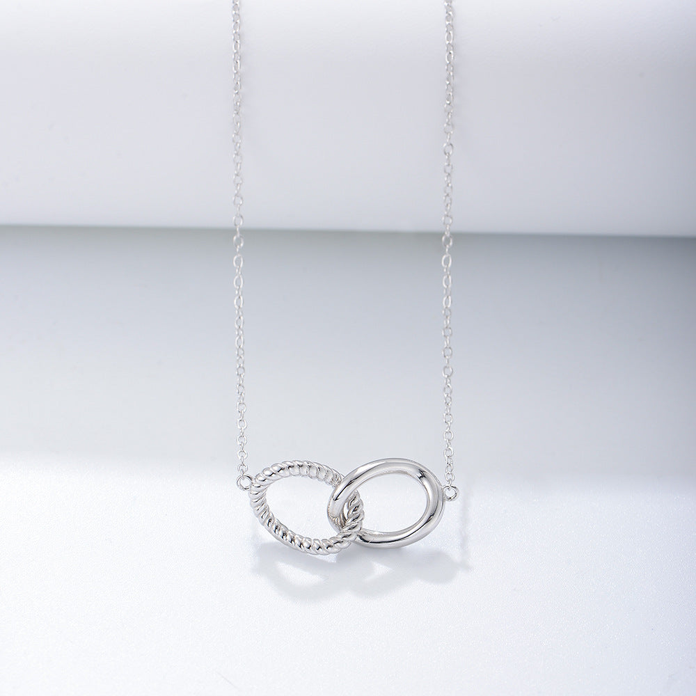925 Sterling Silver Geometric Twisted Double Ring Necklace, Interlocking Circle Jewelry
