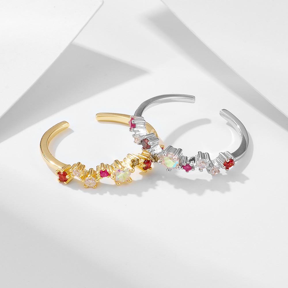 925 Sterling Silver Colorful Zirconia Open Ring, Light Luxury Romantic Ins Style Adjustable Jewelry