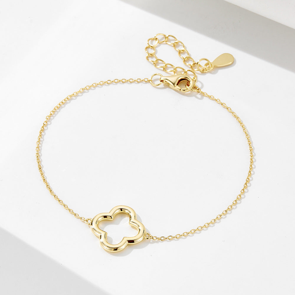 Sterling Silver Dainty Hollow Leaf Clover Link Bracelet for Women, Versatile Aesthetic Accessory