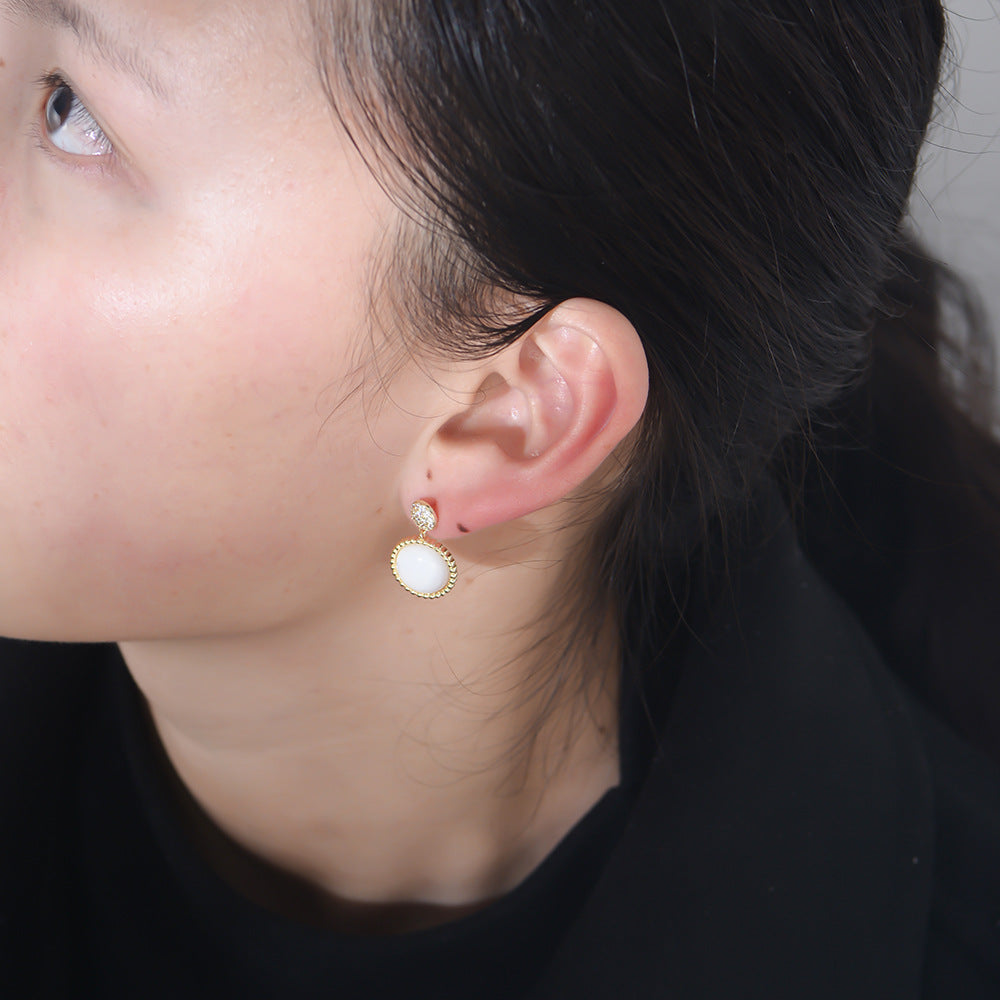 925 Sterling Silver Vintage Minimalist Shell Earrings, Sparkling Zirconia Jewelry