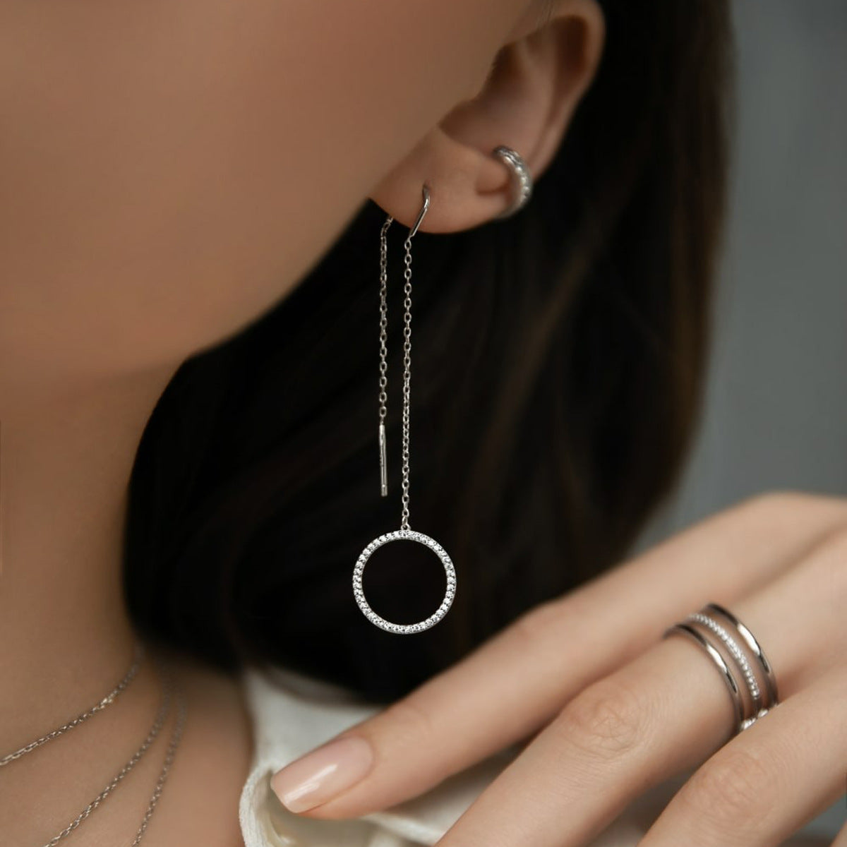 Zircon Circle Necklace Set - 925 Silver Geometric Layered Jewelry