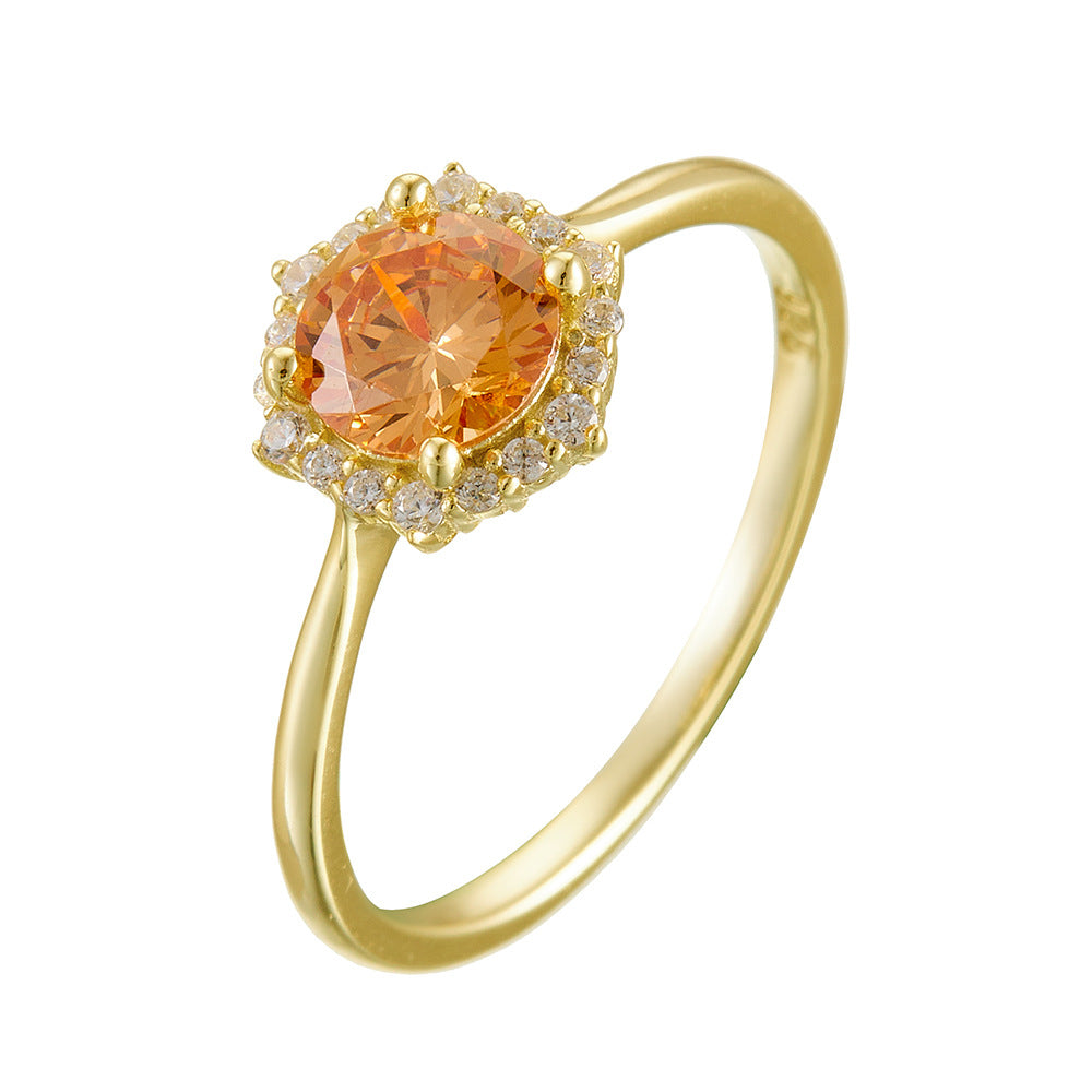 925 Sterling Silver Champagne Zirconia Ring, Minimalist High-End Engagement Jewelry