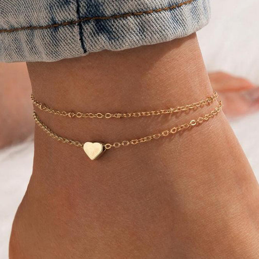 925 Sterling Silver Double Layer Heart Pendant Anklet, Gold Plated Fashion Jewelry