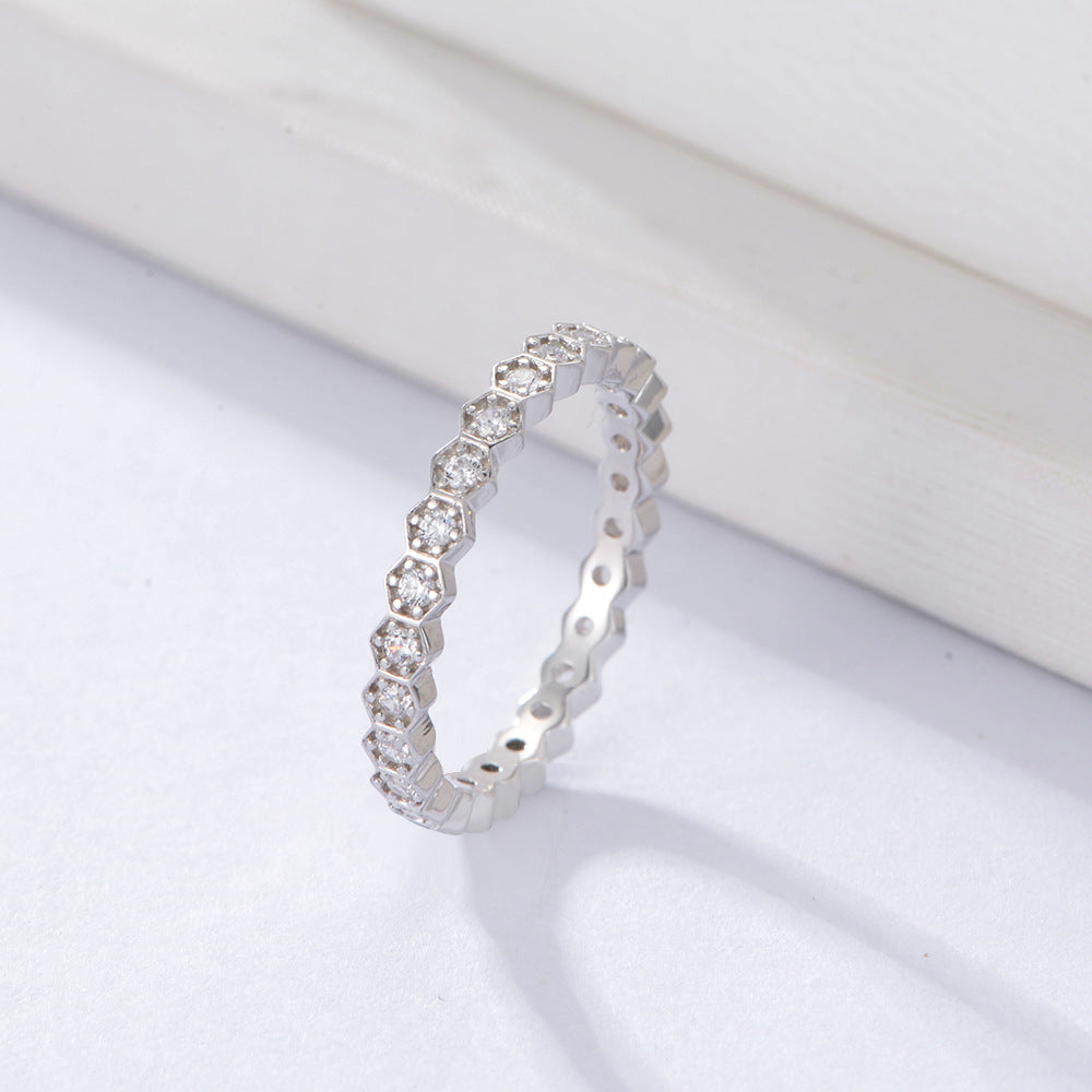 S925 Silver Hexagonal Zirconia Ring Set - Trendy Stackable Band for Women