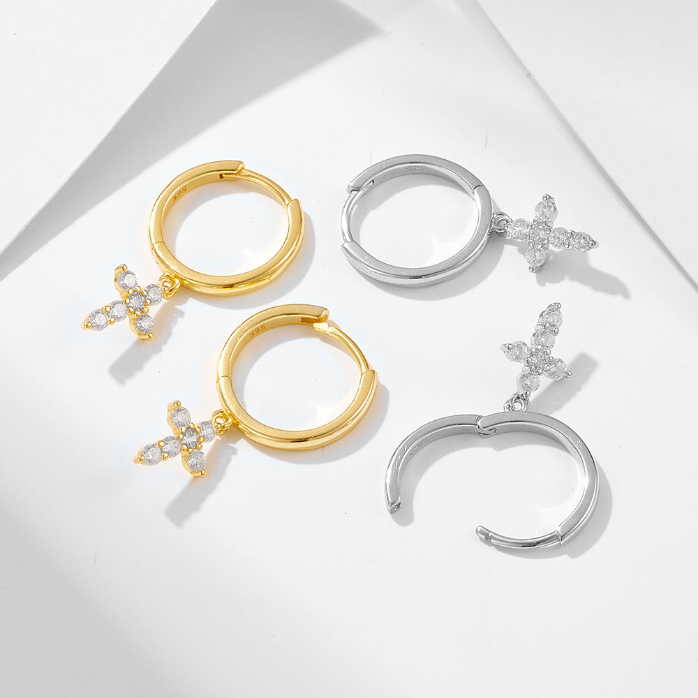 925 Sterling Silver Geometric Cross Hoop Earrings, Minimalist Luxury Jewelry