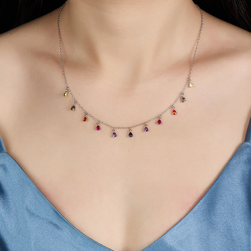 Color Zircon Teardrop Necklace - S925 Silver Trending Collarbone Chain