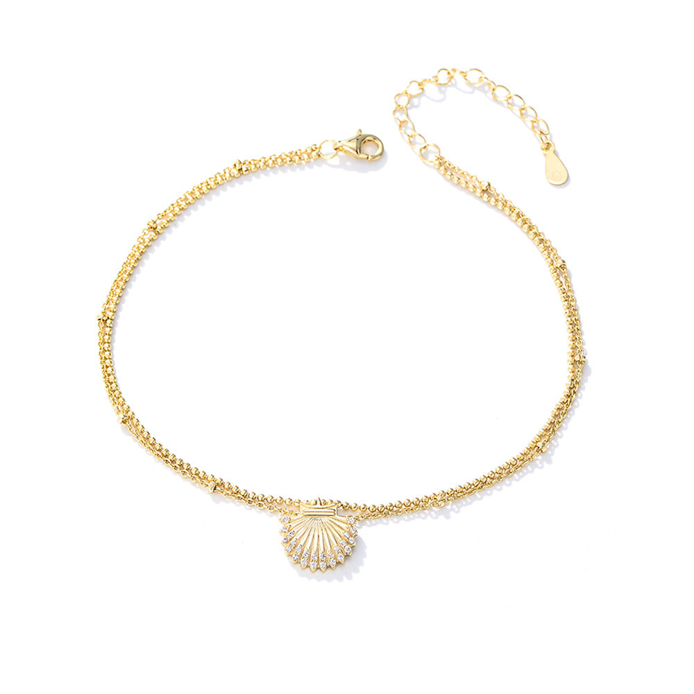 925 Sterling Silver Shell & Zirconia Anklet, Summer Beach Fashion Jewelry
