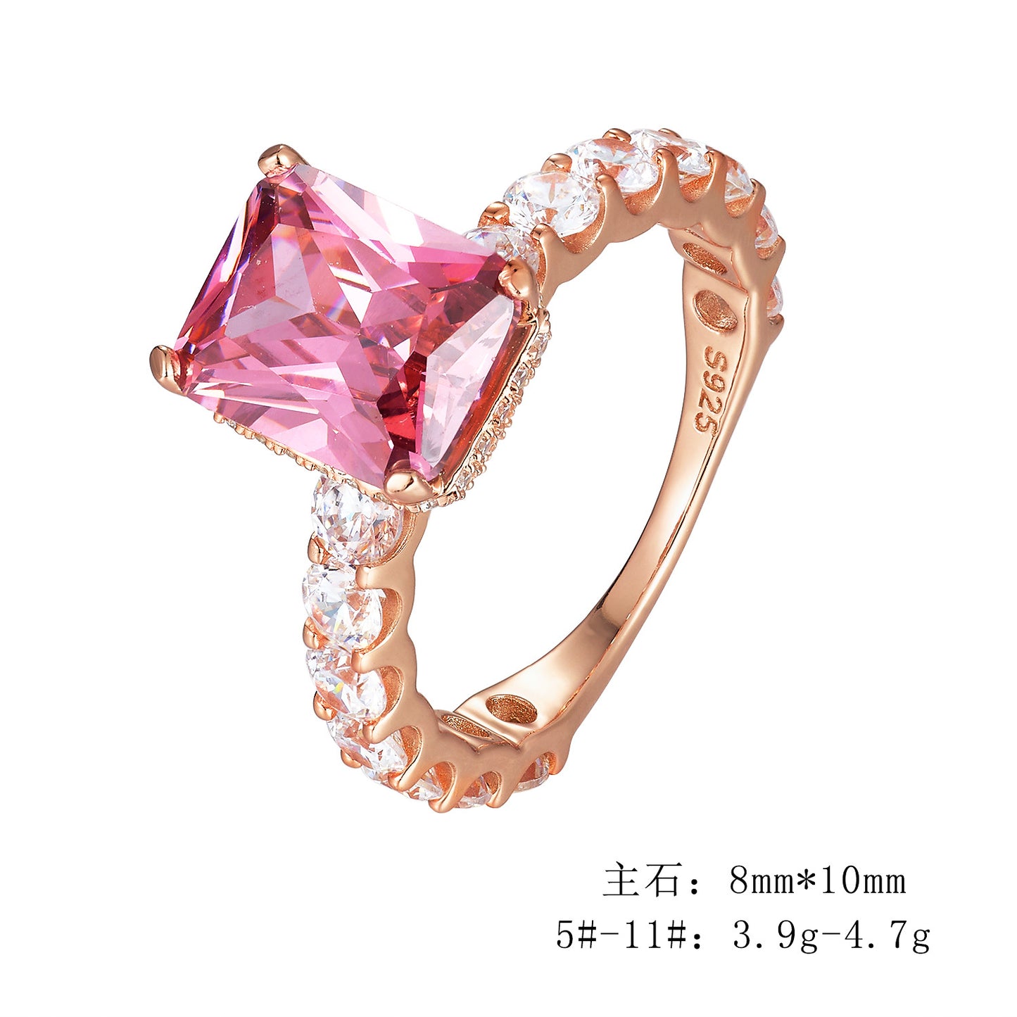925 Sterling Silver Rose Gold Plated Full Pave Square Zirconia Ring, High-End Ins Style Luxury Jewelry