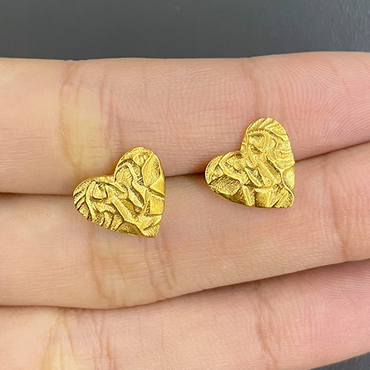 Heart Texture Stud Earrings - Solid Sterling Silver Vintage Valentine Gift
