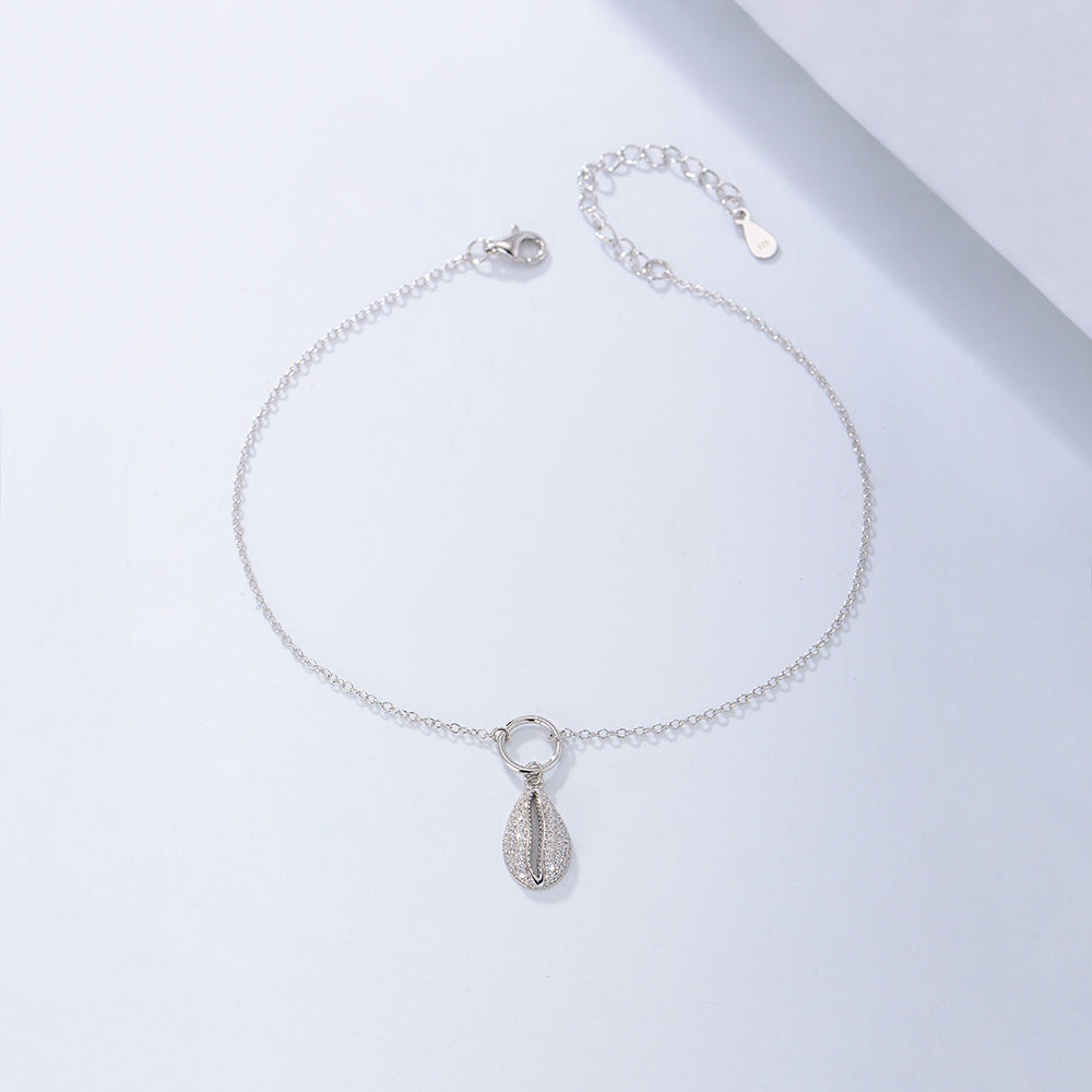 925 Sterling Silver Geometric Shell Pave Zirconia Anklet, Minimalist High-End Beach Jewelry