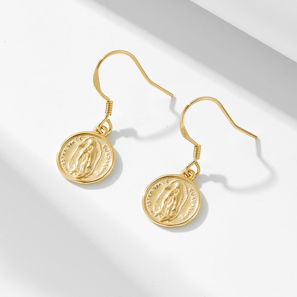 925 Sterling Silver Virgin Mary Coin Drop Earrings, Vintage European & American Style Jewelry