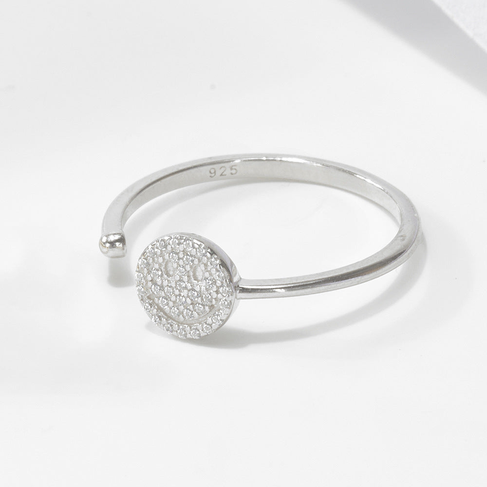 S925 Silver Modern Sparkling Smiley Ring - Adjustable High-End Aesthetic Band