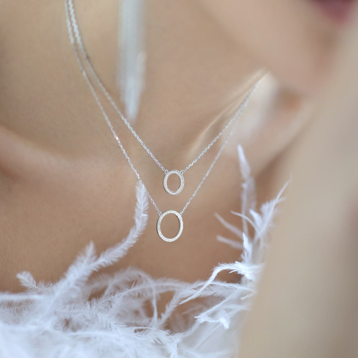 Zircon Circle Necklace Set - 925 Silver Geometric Layered Jewelry