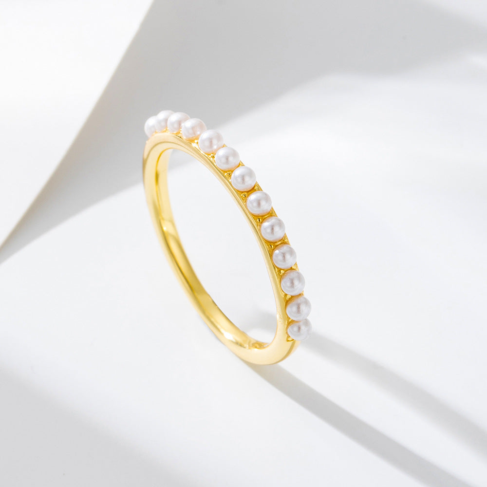 S925 Silver Elegant Solitaire Pearl Band - Unique Chic Aesthetic Ring