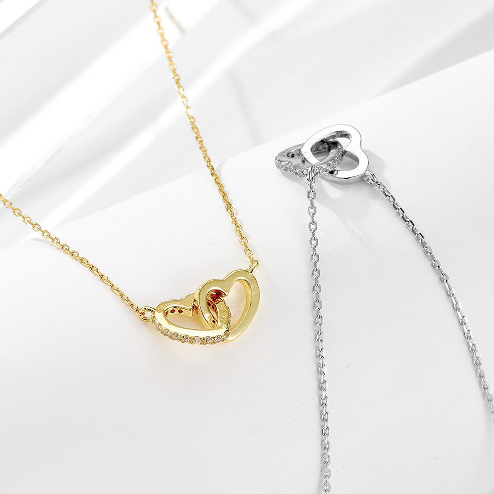 925 Sterling Silver Interlocking Heart Pave Zirconia Necklace, Minimalist High-End Jewelry