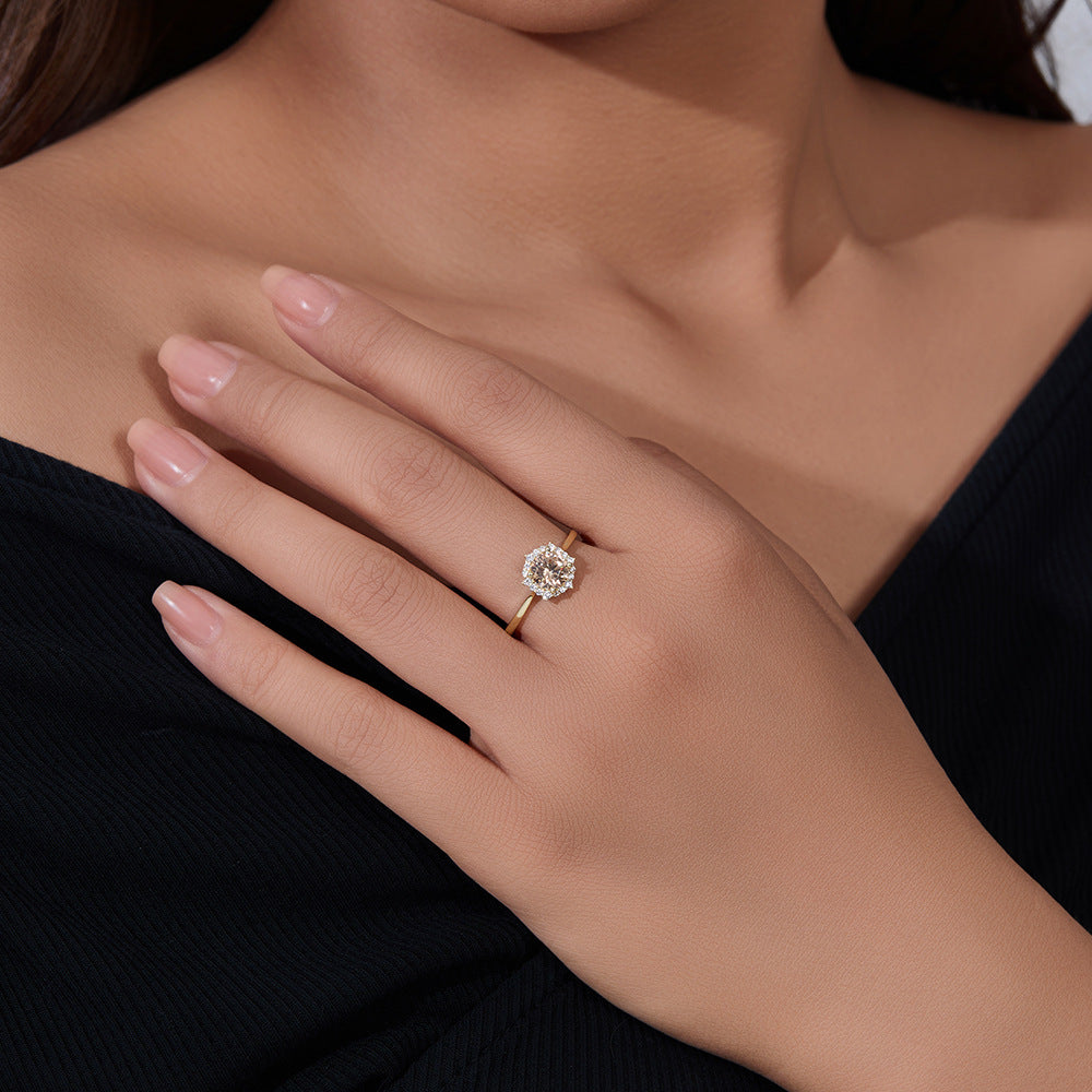 925 Sterling Silver Champagne Zirconia Ring, Minimalist High-End Engagement Jewelry