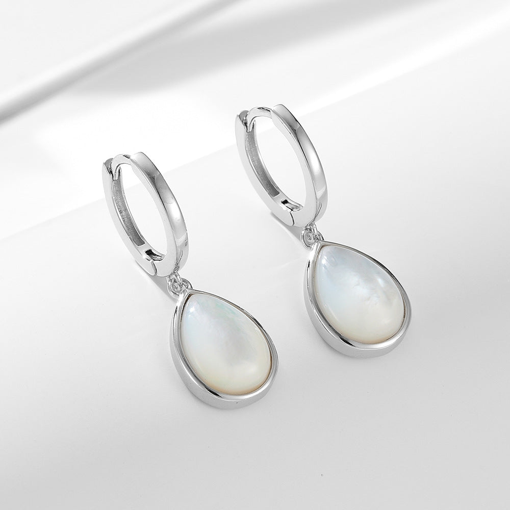 925 Sterling Silver Teardrop Natural White Shell Earrings, Minimalist High-End Dangle Jewelry