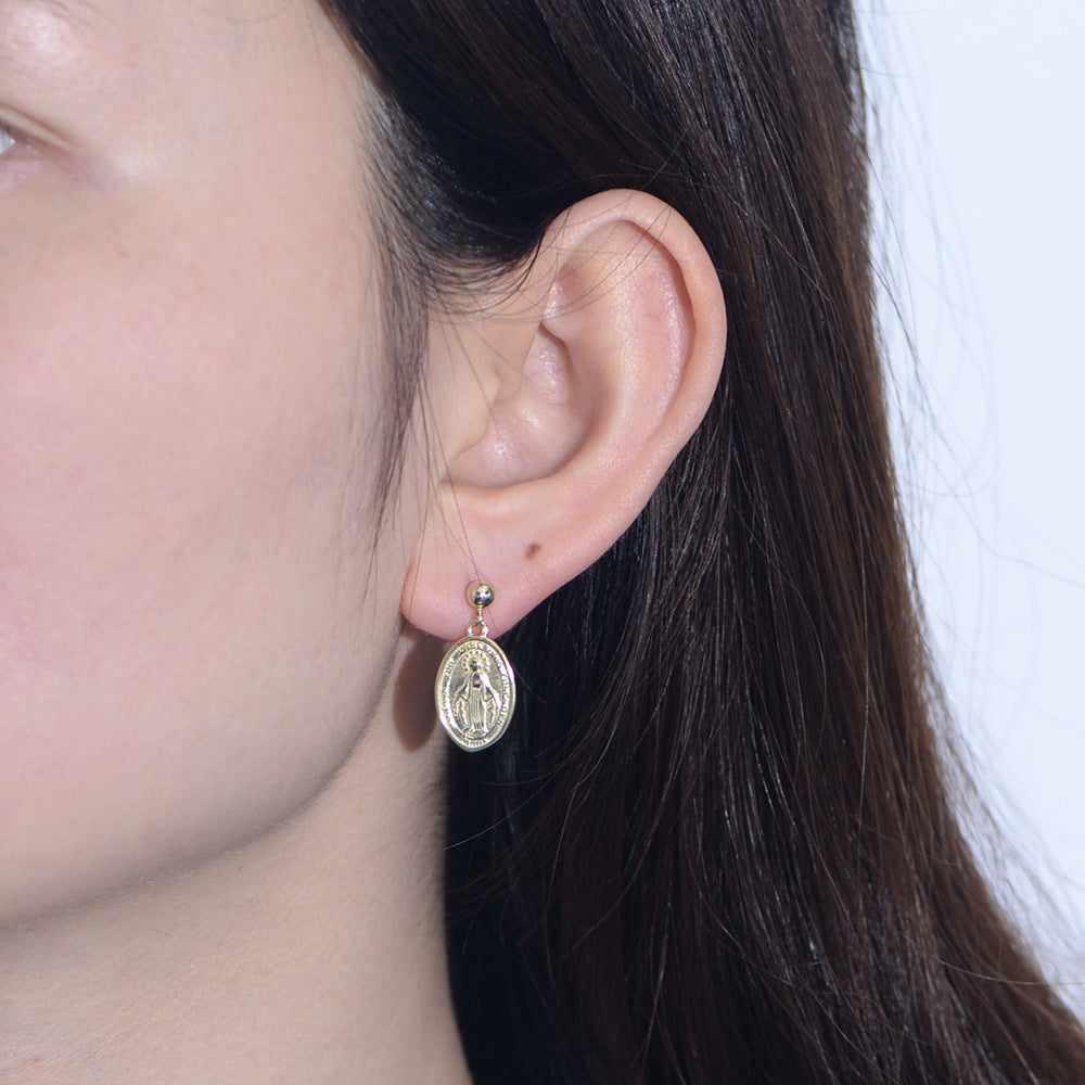 S925 Silver Retro Virgin Mary Portrait Earrings - Elegant Oval Relief Studs