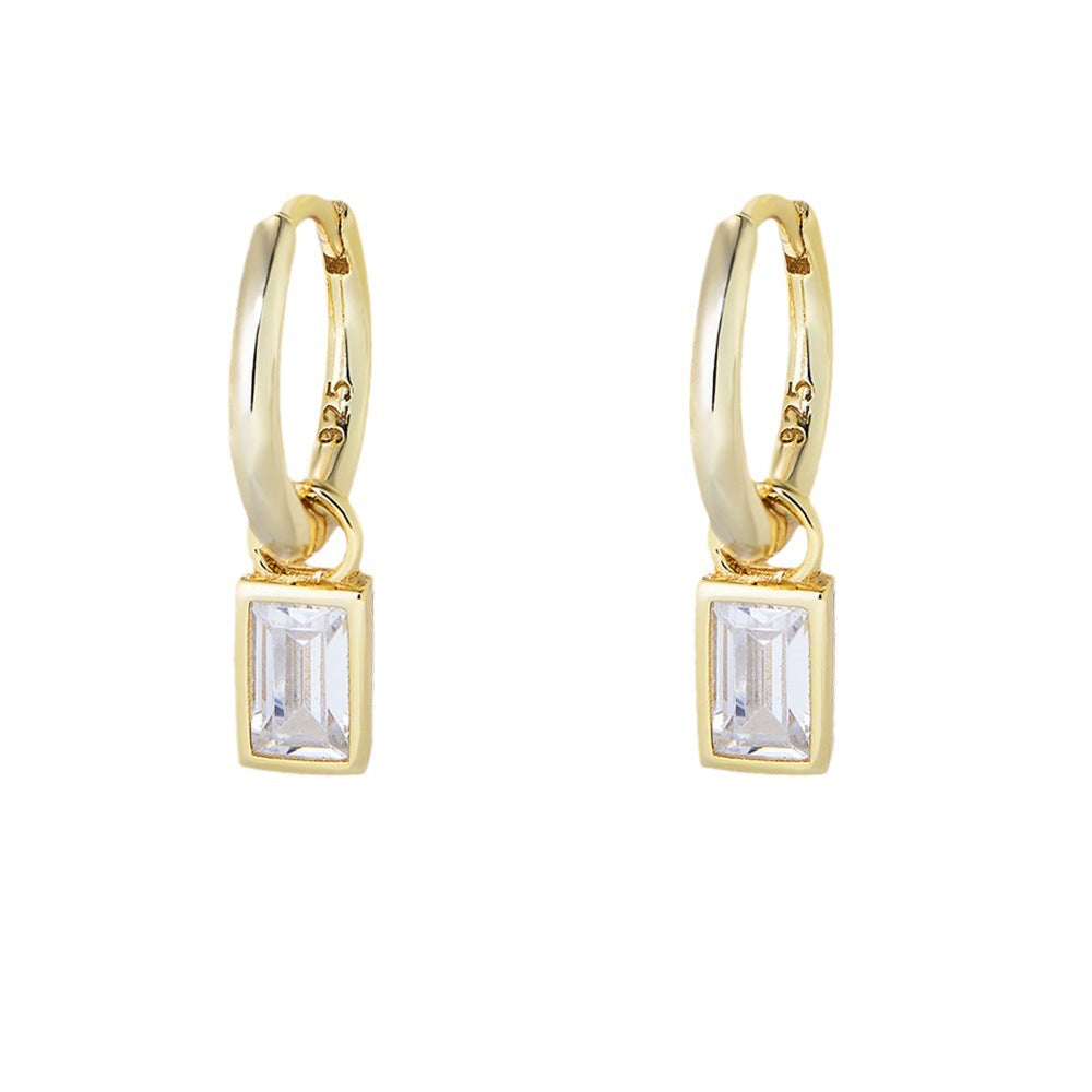 925 Sterling Silver Geometric Square Hoop Earrings, Zirconia Drop Studs