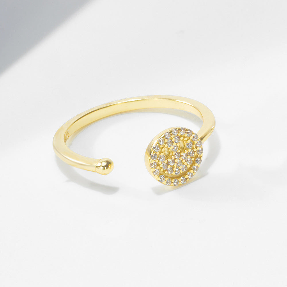 S925 Silver Modern Sparkling Smiley Ring - Adjustable High-End Aesthetic Band