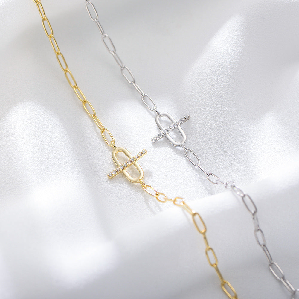 925 Sterling Silver Micro-Pave Zirconia Chain Bracelet, Minimalist High-End Design Jewelry
