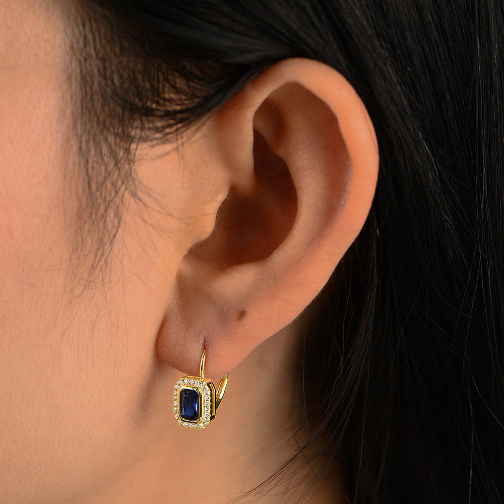 925 Sterling Silver 14K Gold Plated Square Zirconia Earrings, French Vintage Style High-End Luxury Jewelry