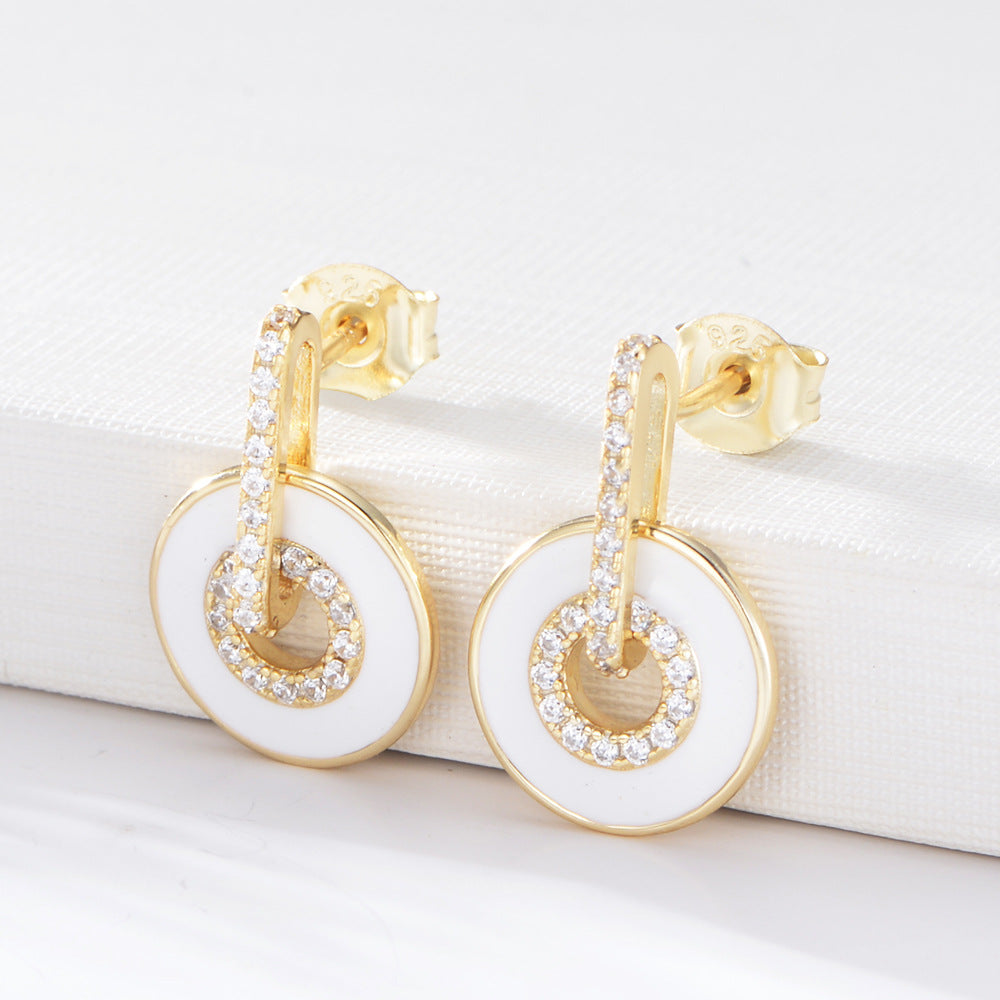 925 Sterling Silver Enamel Hoop Earrings, Pave Zirconia Geometric Studs