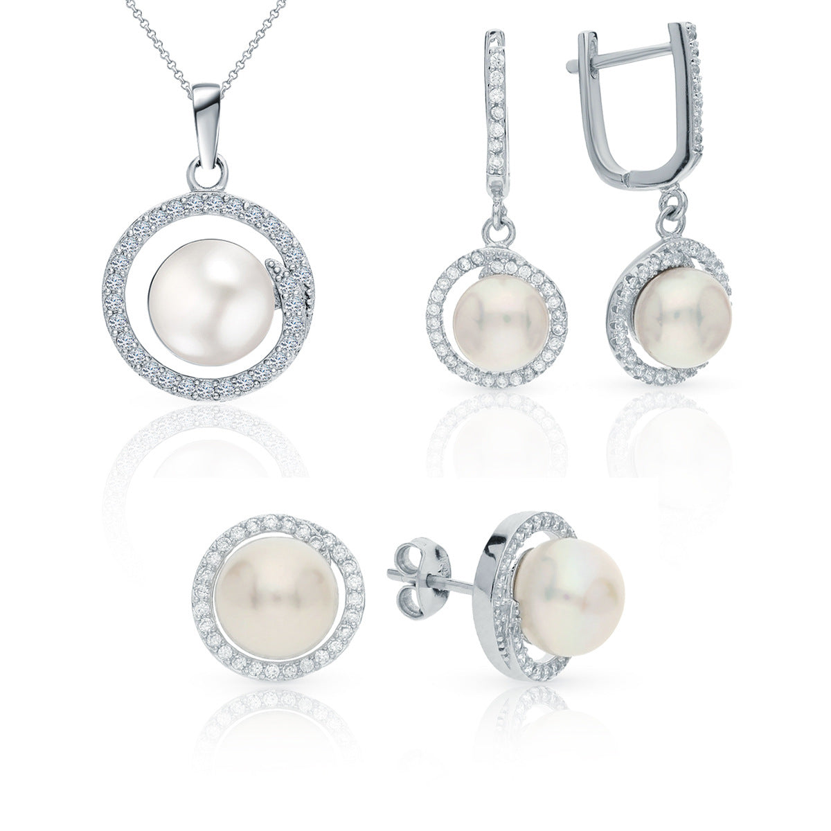 S925 Silver Mochi Bead Set | Round Zircon Earrings, Ring & Necklace