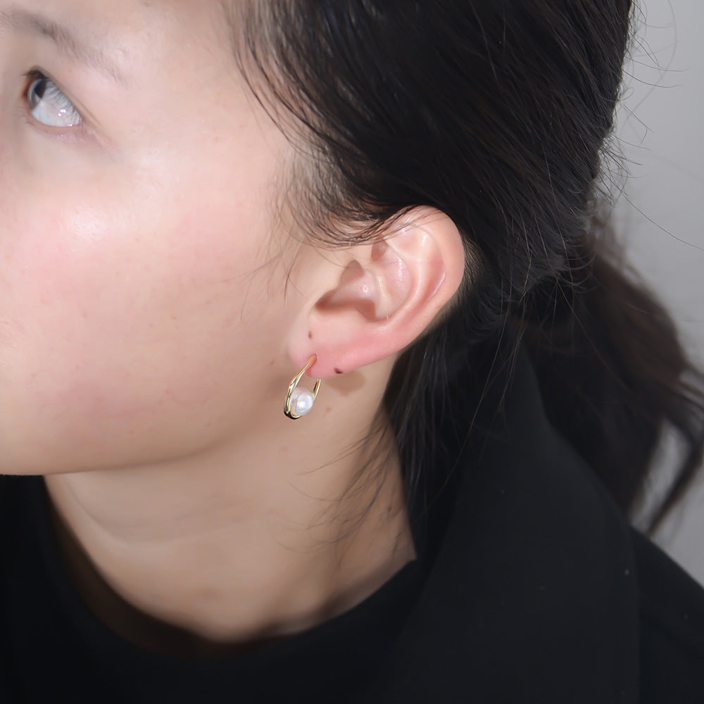 925 Sterling Silver Geometric C-Shape Shell Pearl Stud Earrings, Minimalist Jewelry