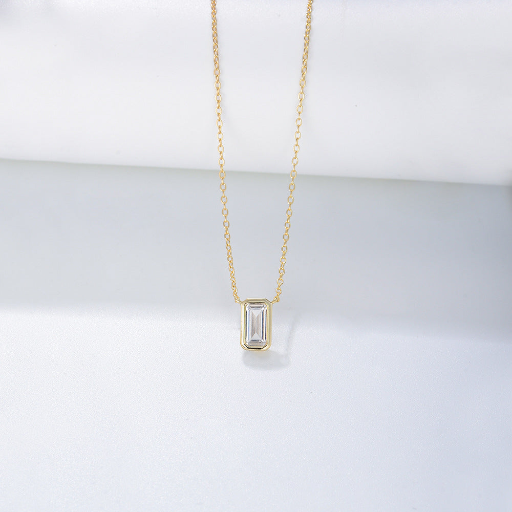 925 Sterling Silver Geometric Square Zirconia Pendant Necklace, Minimalist Jewelry