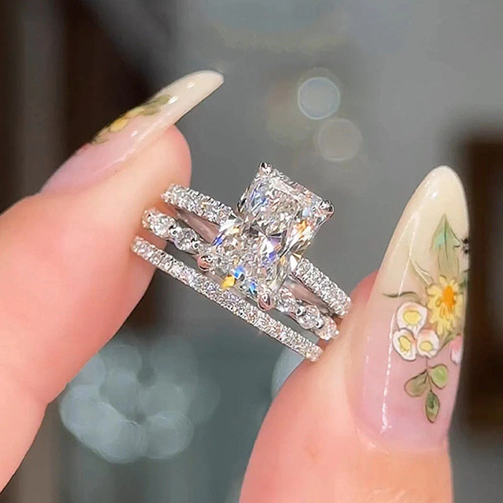 925 Sterling Silver Ice Flower Cut Zirconia Ring Set, High-End Light Luxury Ins Style Stacking Jewelry
