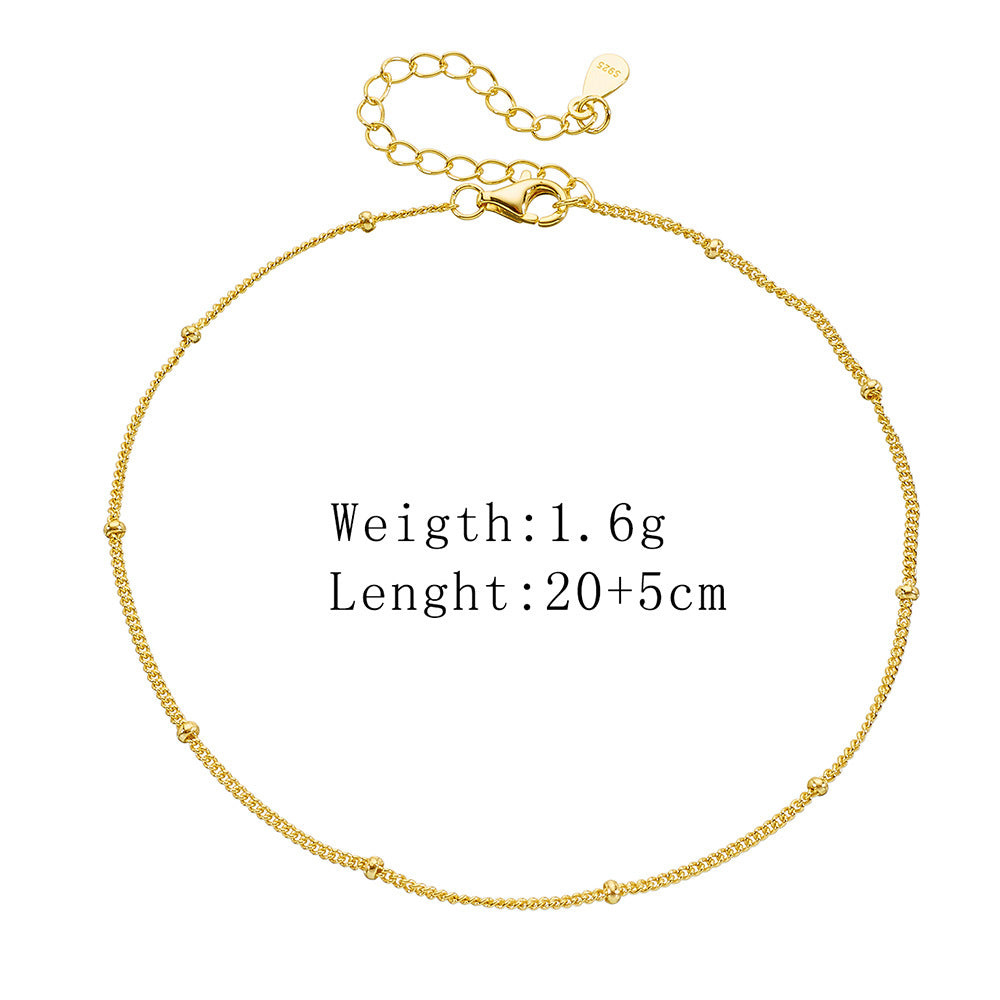 925 Sterling Silver 14K Gold Plated Tiny Bead Anklet, Retro Classic Minimalist Foot Jewelry