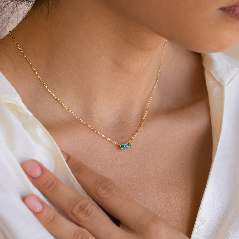 925 Sterling Silver Birthstone Pendant Necklace, Minimalist Lucky Stone Clavicle Chain