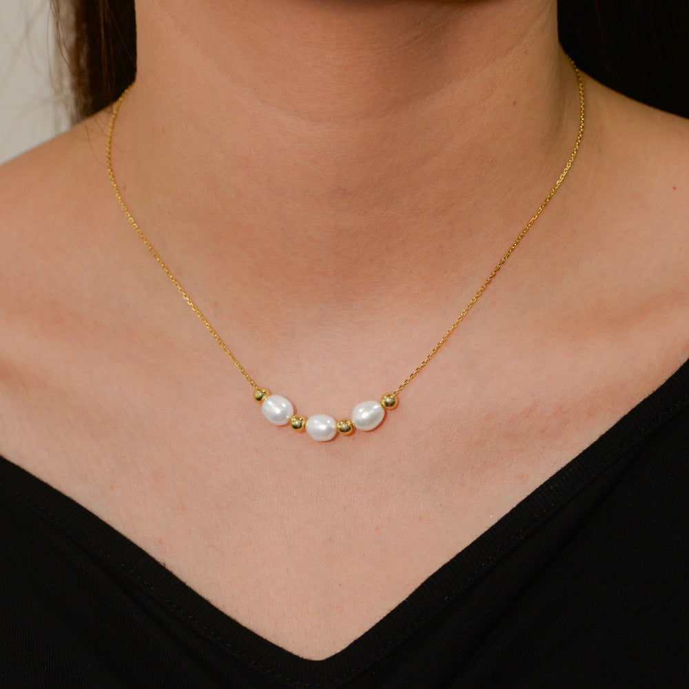 925 Sterling Silver Natural Freshwater Pearl Necklace, Elegant French Vintage Jewelry