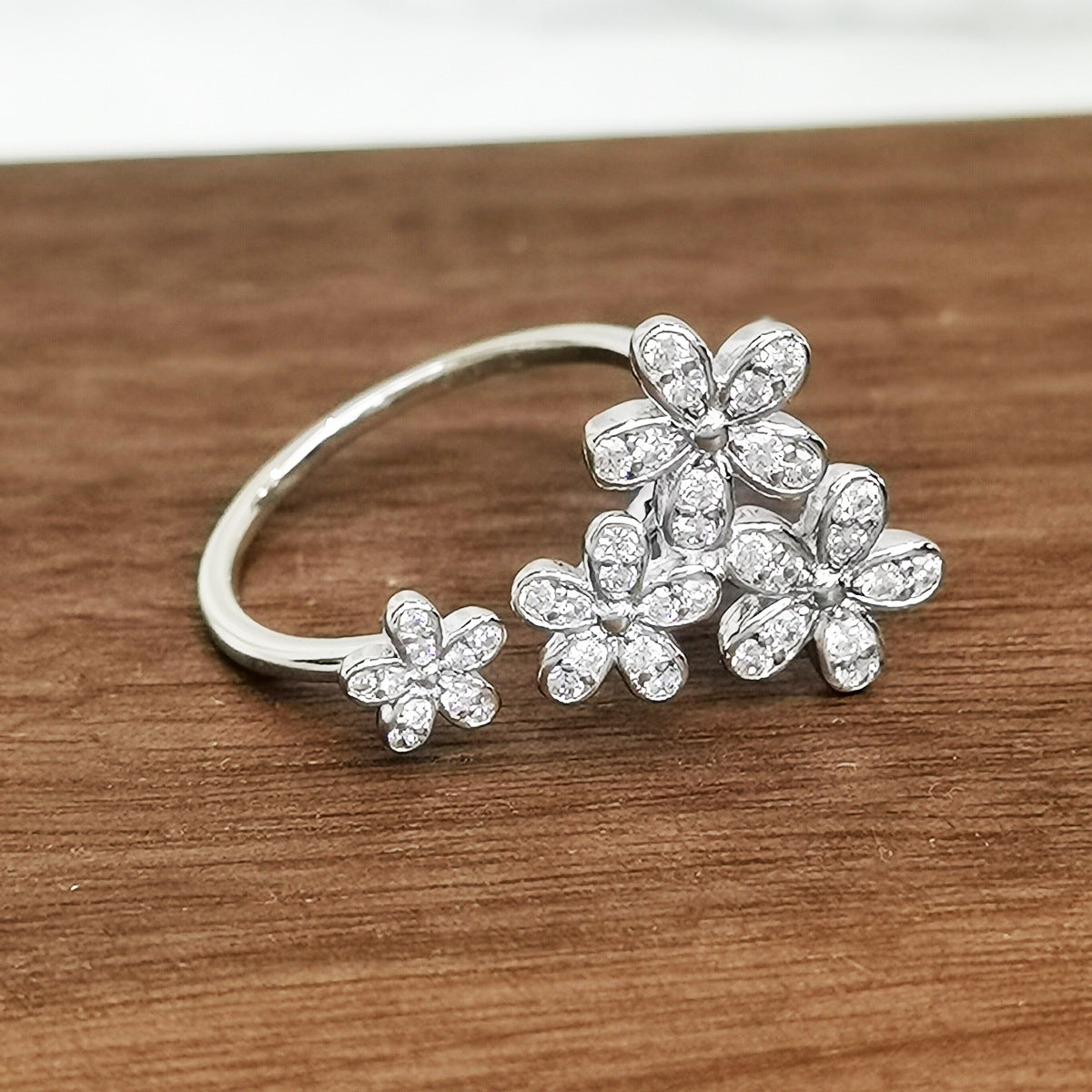 Zircon Flower Ring - S925 Silver Adjustable Sweet Christmas Gift