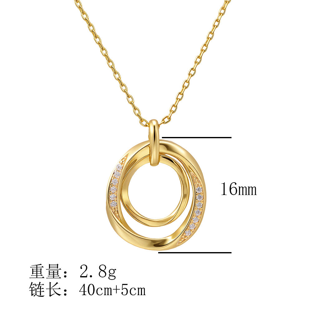 925 Sterling Silver Interlocking Double Circle Pave Zirconia Necklace, Vintage High-End Jewelry