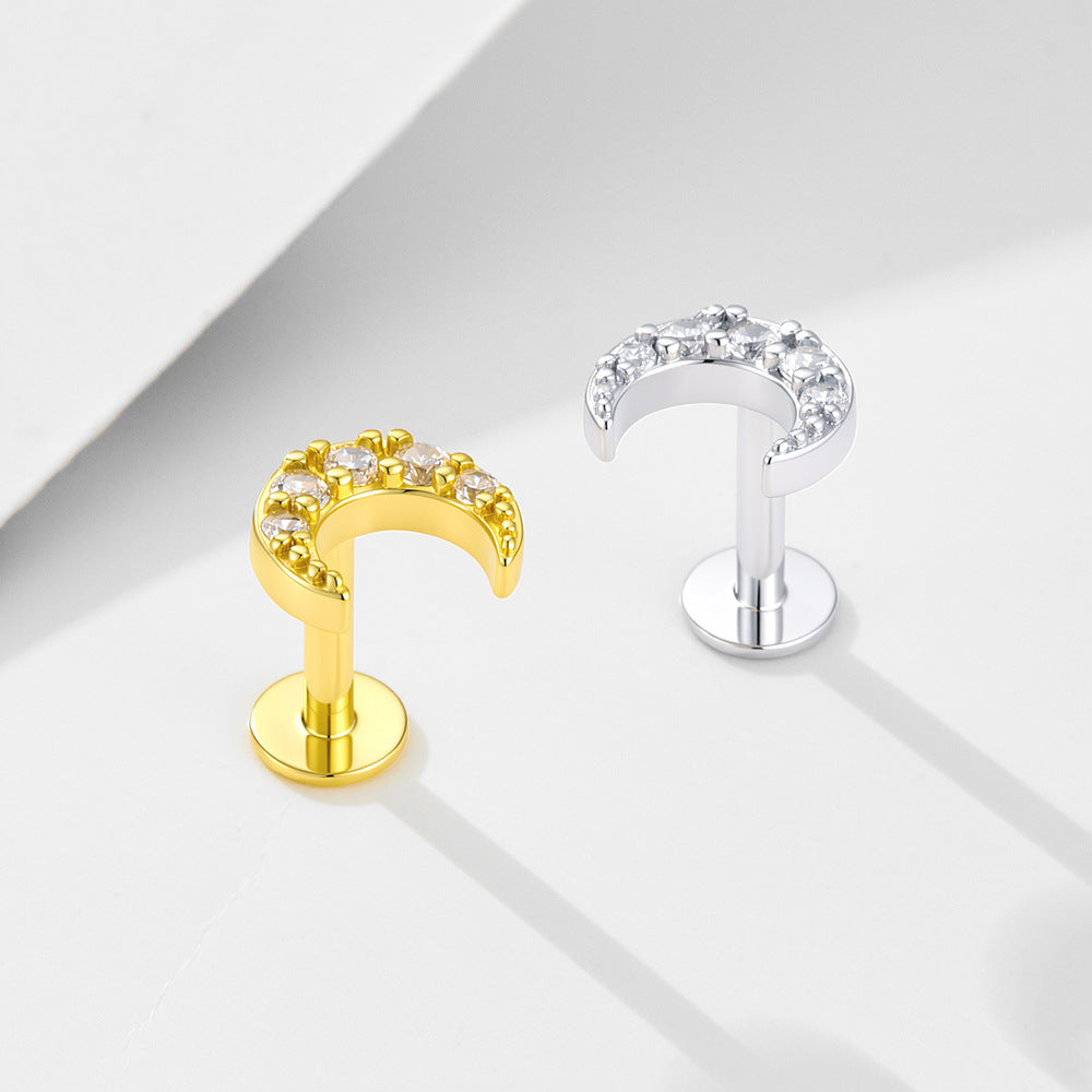 925 Sterling Silver Pave Zirconia Moon Labret Stud, Minimalist Flat Back Cartilage Piercing