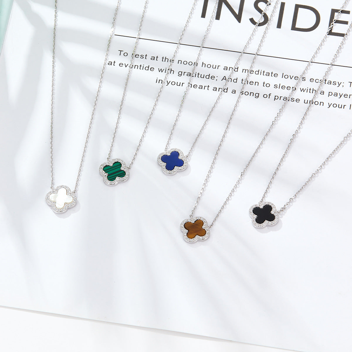 Four Leaf Clover Necklace & Earrings Set - Sterling Silver Black Agate Jewelry Gift