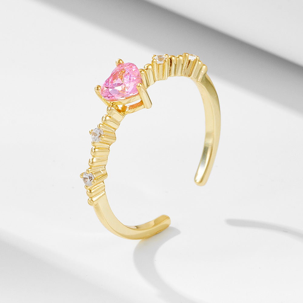 925 Sterling Silver Pink Heart Zirconia Open Ring, Dainty Romantic Aesthetic Adjustable Jewelry