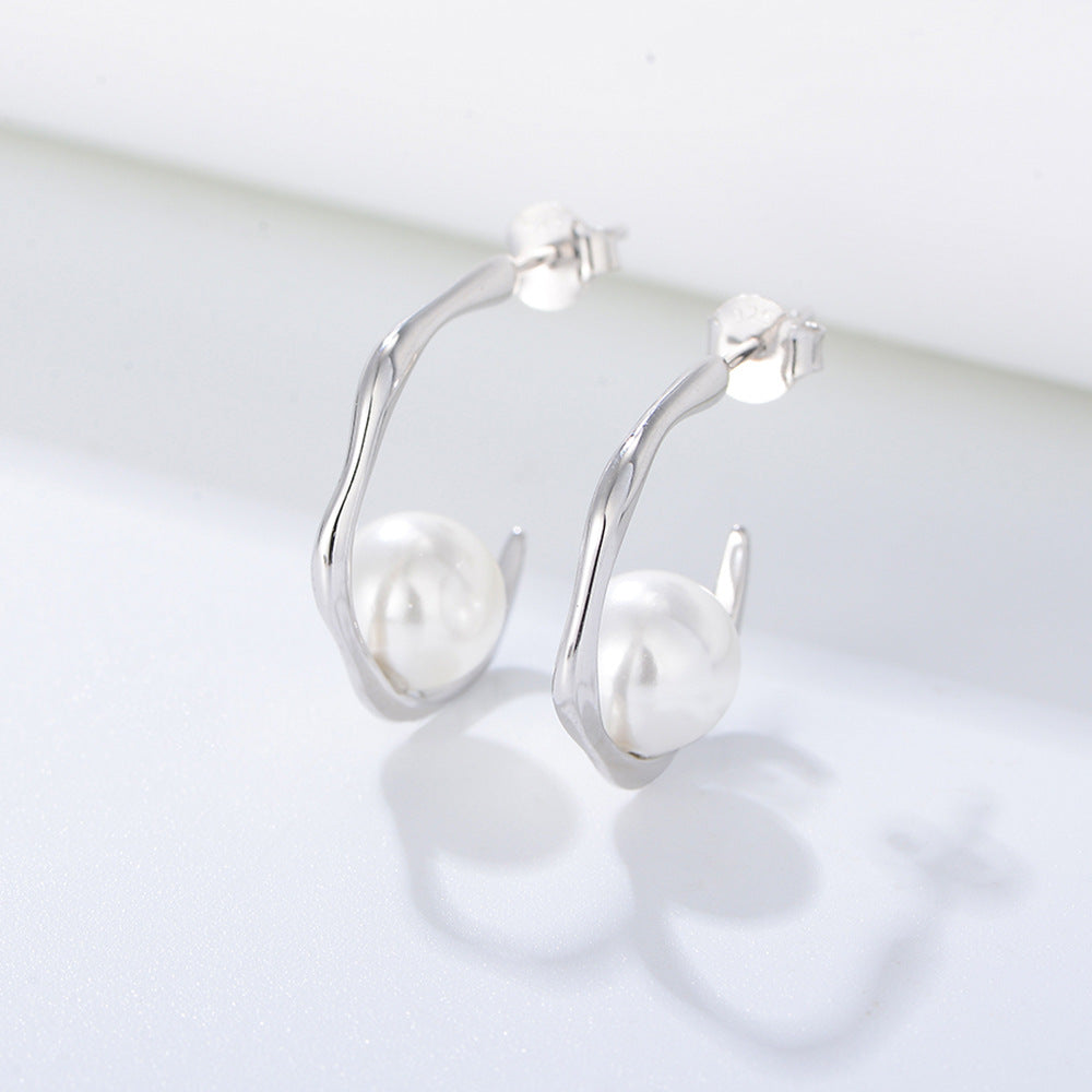 925 Sterling Silver Geometric C-Shape Shell Pearl Stud Earrings, Minimalist Jewelry