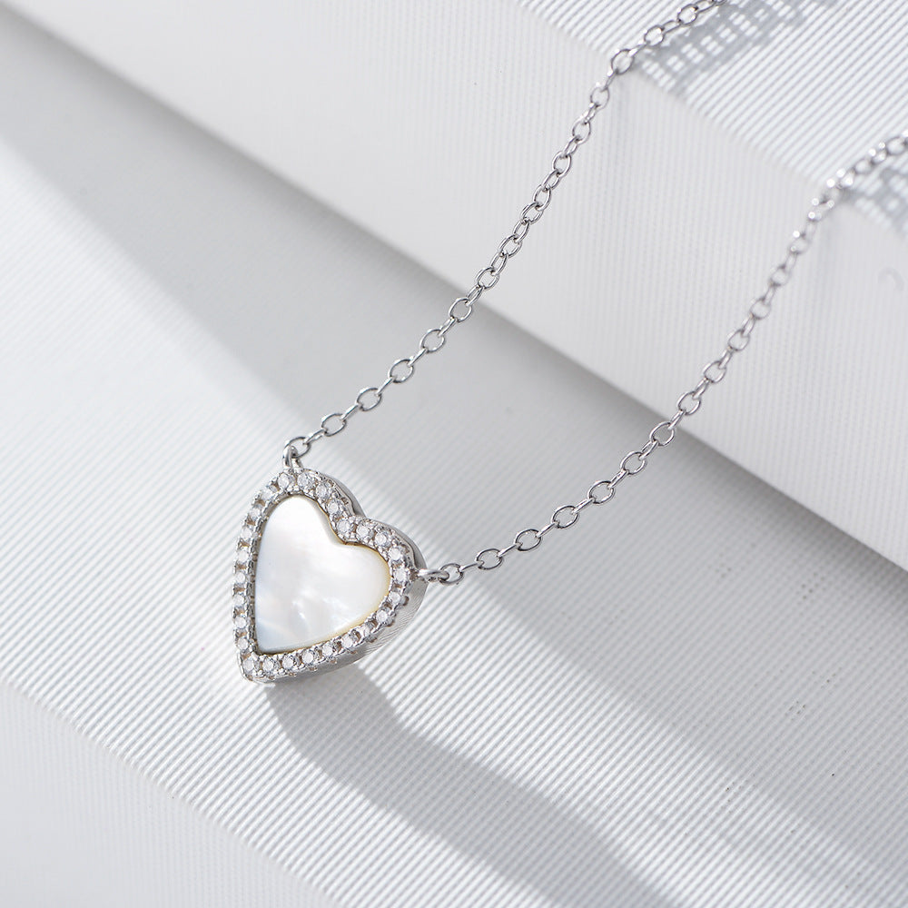 925 Sterling Silver Heart Shell Pendant Necklace, Sparkling Zirconia Jewelry