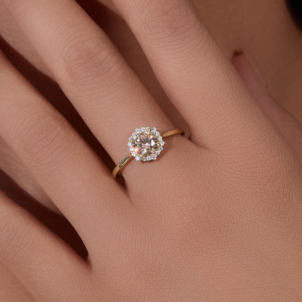 925 Sterling Silver Champagne Zirconia Ring, Minimalist High-End Engagement Jewelry