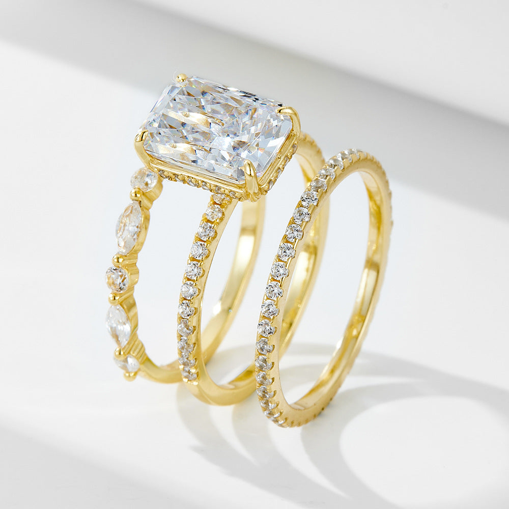 925 Sterling Silver Ice Flower Cut Zirconia Ring Set, High-End Light Luxury Ins Style Stacking Jewelry