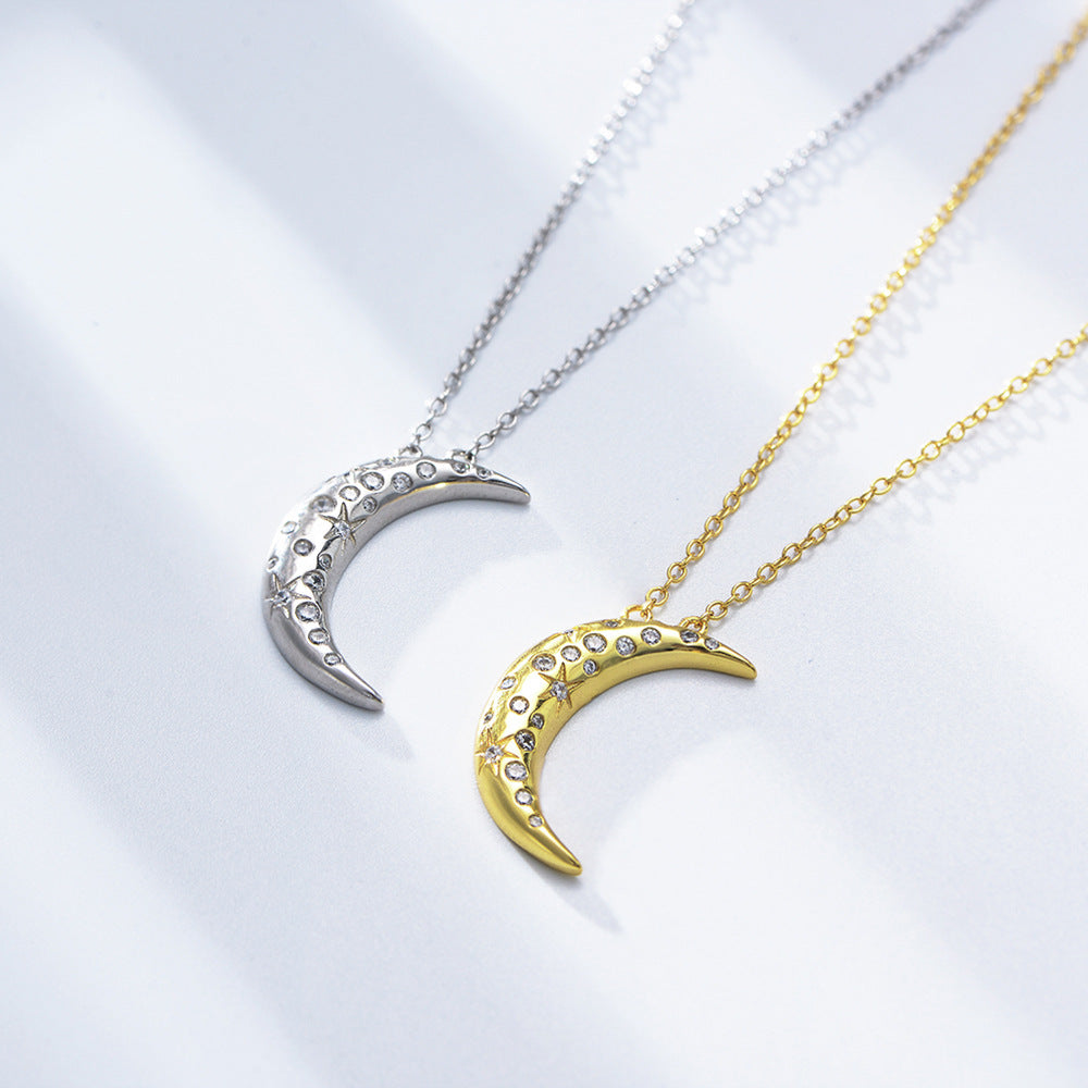 925 Sterling Silver Crescent Moon Pendant Necklace, Sparkling Zirconia Jewelry