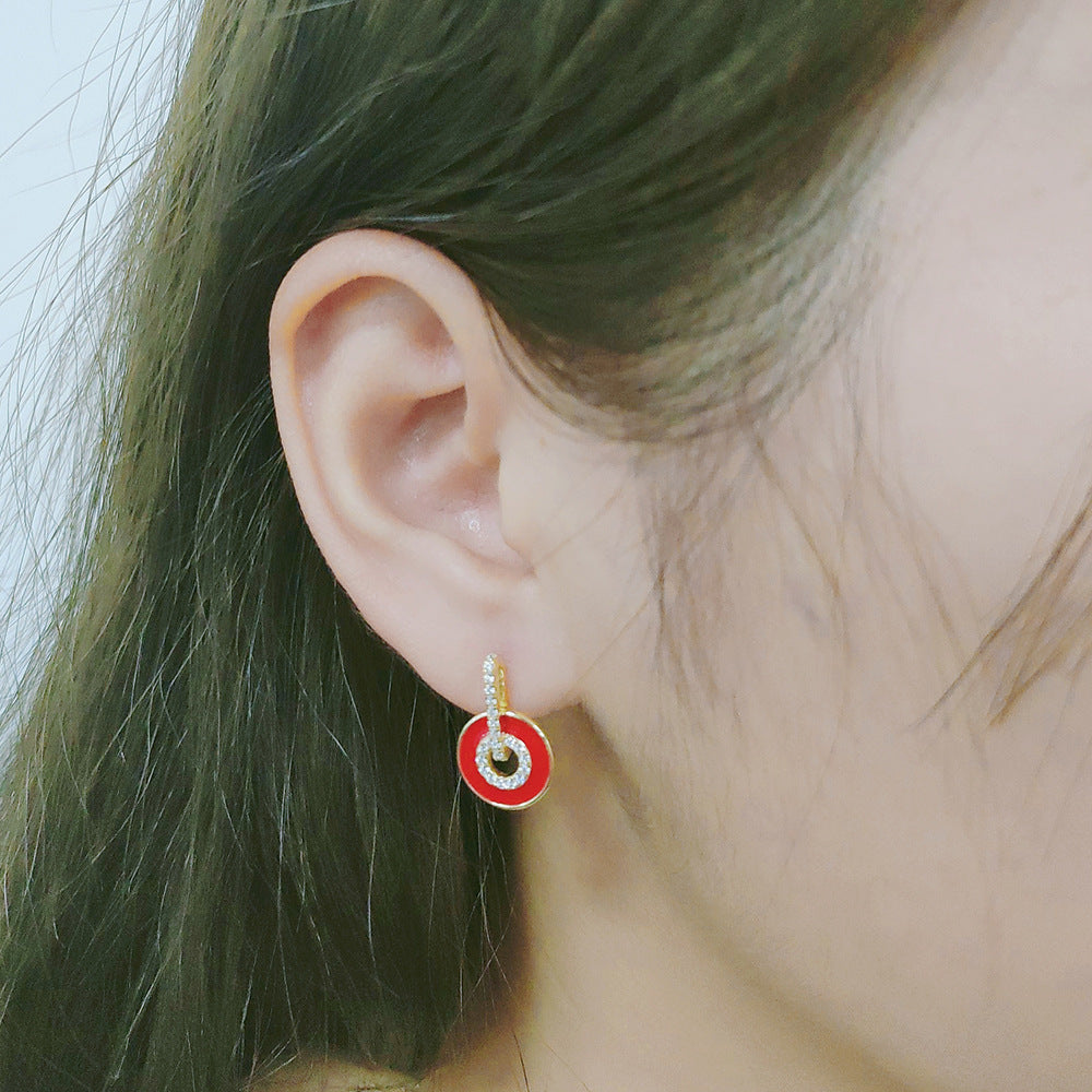 925 Sterling Silver Enamel Hoop Earrings, Pave Zirconia Geometric Studs