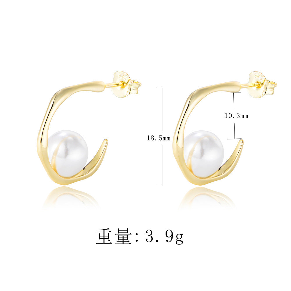 925 Sterling Silver Geometric C-Shape Shell Pearl Stud Earrings, Minimalist Jewelry