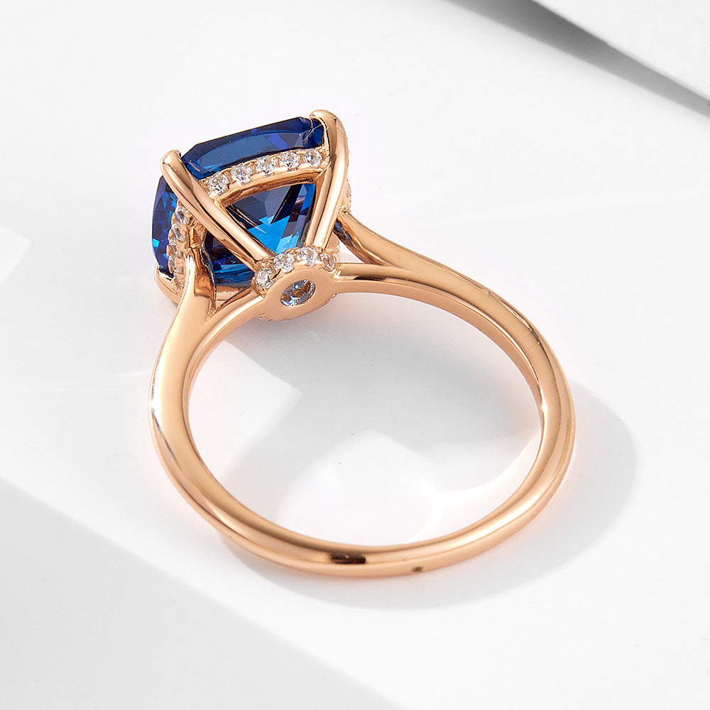 925 Sterling Silver Rose Gold Plated Cushion Cut Blue Zirconia Ring, Luxury Gemstone Jewelry