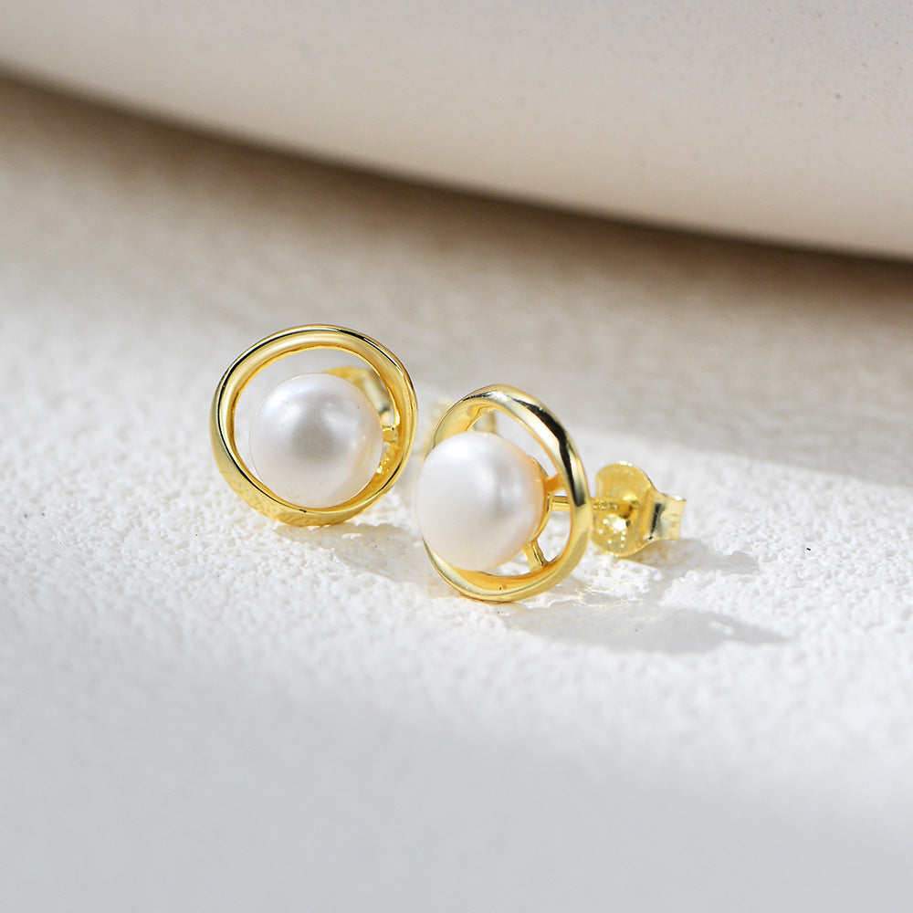 Sterling Silver Timeless Natural Pearl Stud Earrings for Women, High-End Versatile Accessory