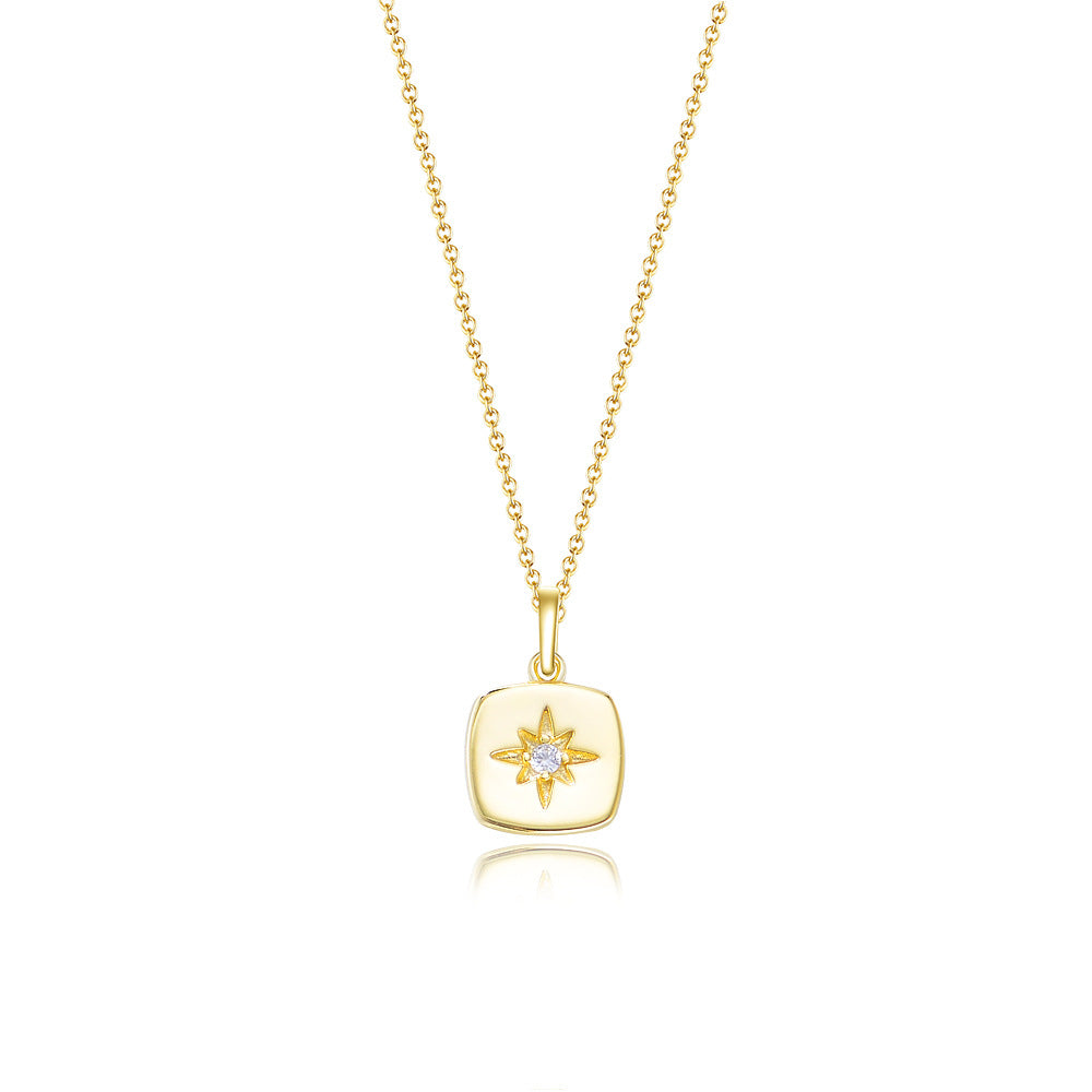 925 Sterling Silver Eight-Point Star Square Medallion Necklace, Zirconia Jewelry