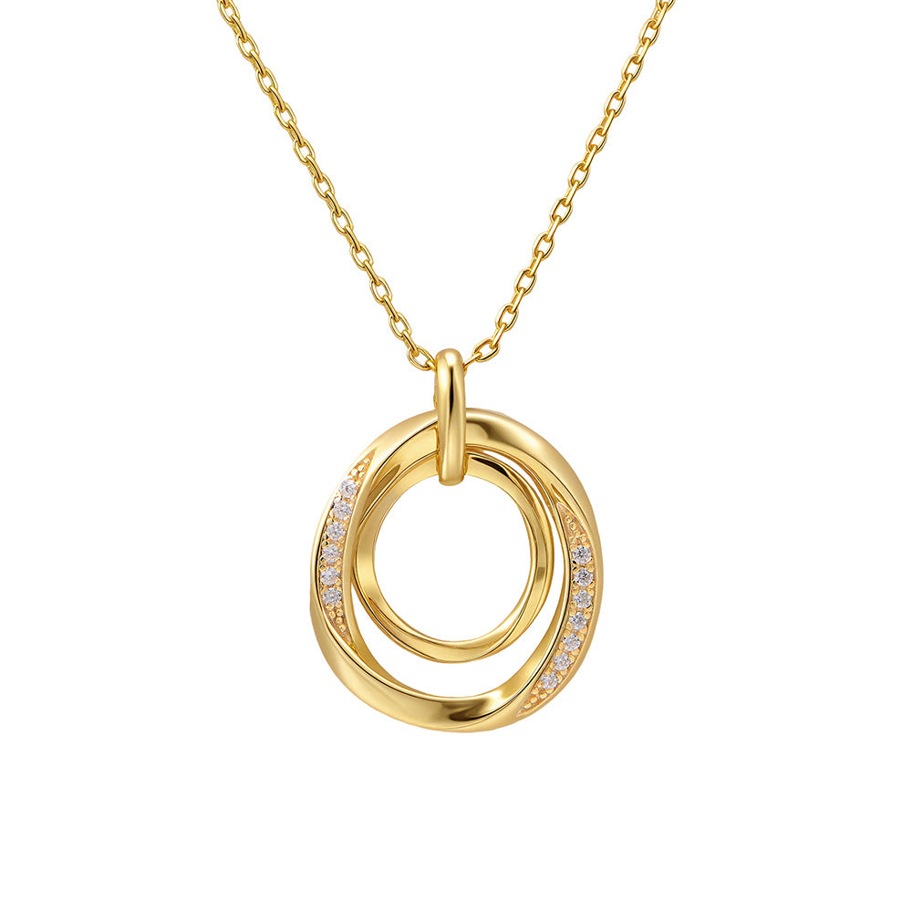 925 Sterling Silver Interlocking Double Circle Pave Zirconia Necklace, Vintage High-End Jewelry